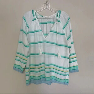 Soft Joie Striped Cotton Tunic Blouse Tie Up Neck  with Tassels M